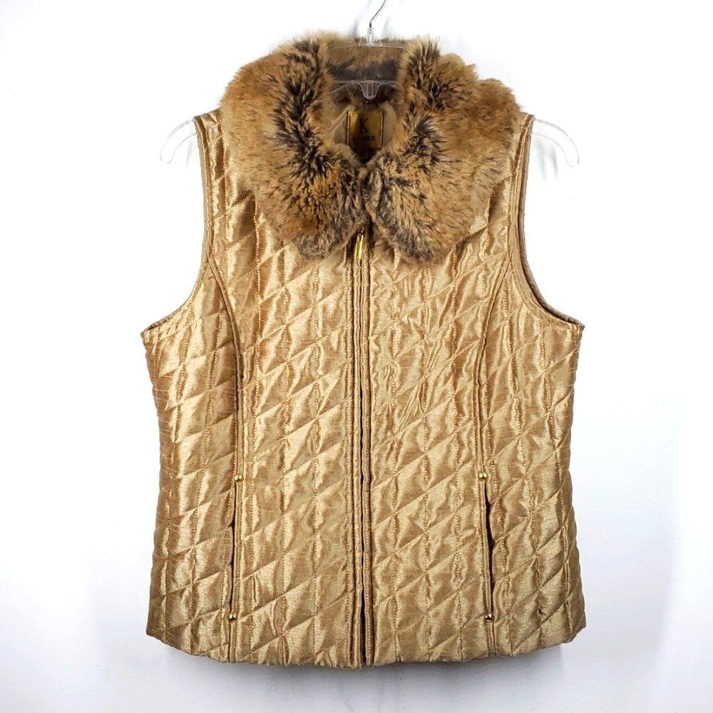 Kasper Gold Quilted Faux Fur Collar Vest M NWOT